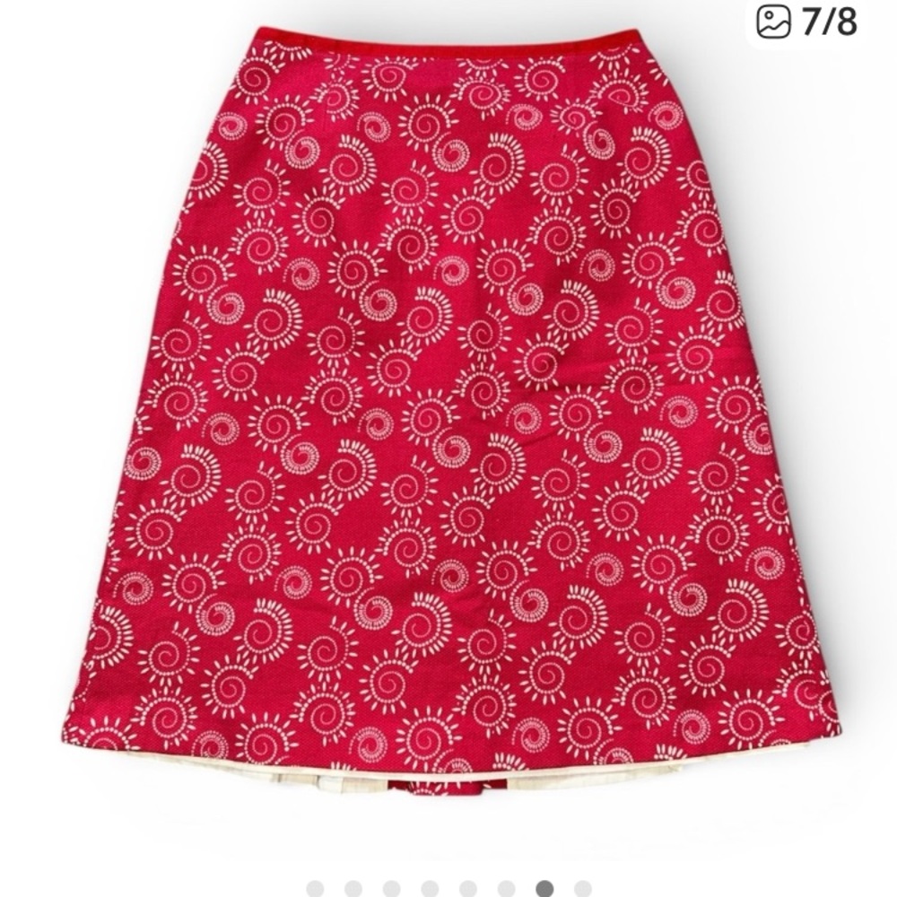 Boden Cranberry Red A Line Fully Lined Skirt With Cream Swirls Box Pleat Size 16
